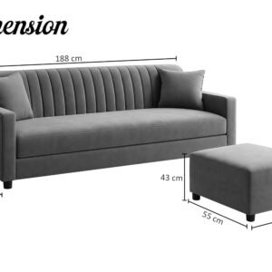 Modern 3-Seater Wooden Sofa Set with Ottoman, Soft Velvet Upholstery, Comfortable Couch for Living Room, Office & Apartment - Grey Color